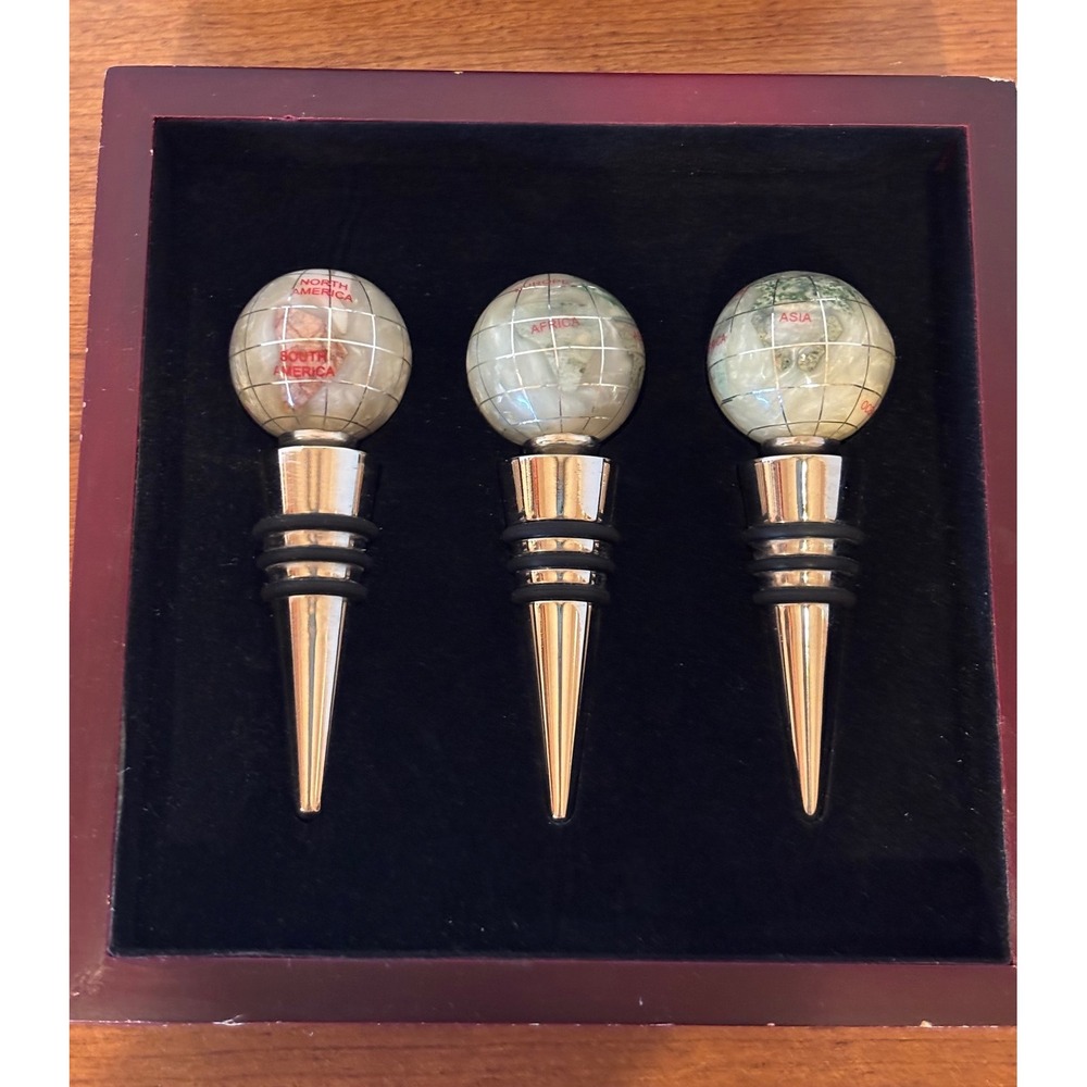 Vintage Gemstone Globe Wine Bottle Stoppers Set of 3 with Wood Gift Box